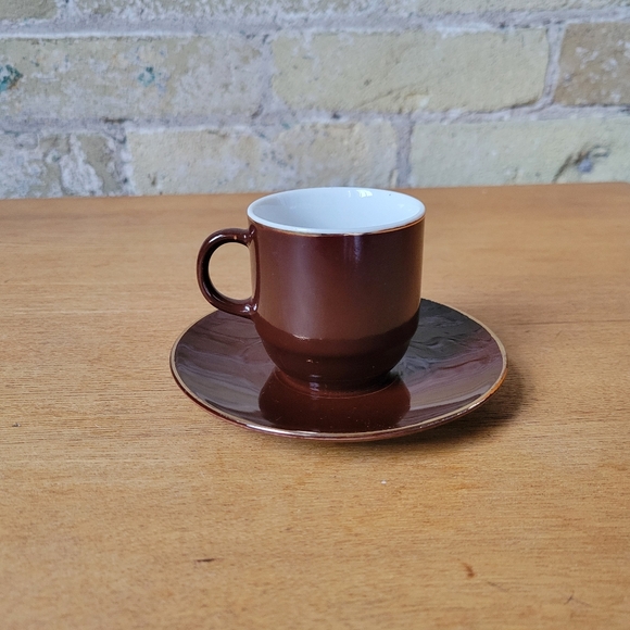 Expresso/Tea Set Cup & Saucer, Brown/White Gold Rim - Picture 1 of 9